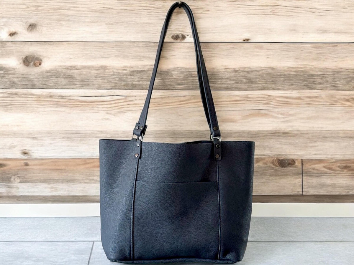 Full Grain Authentic Real Leather Pebbled Navy Blue Leather Bazzar Tote Bags