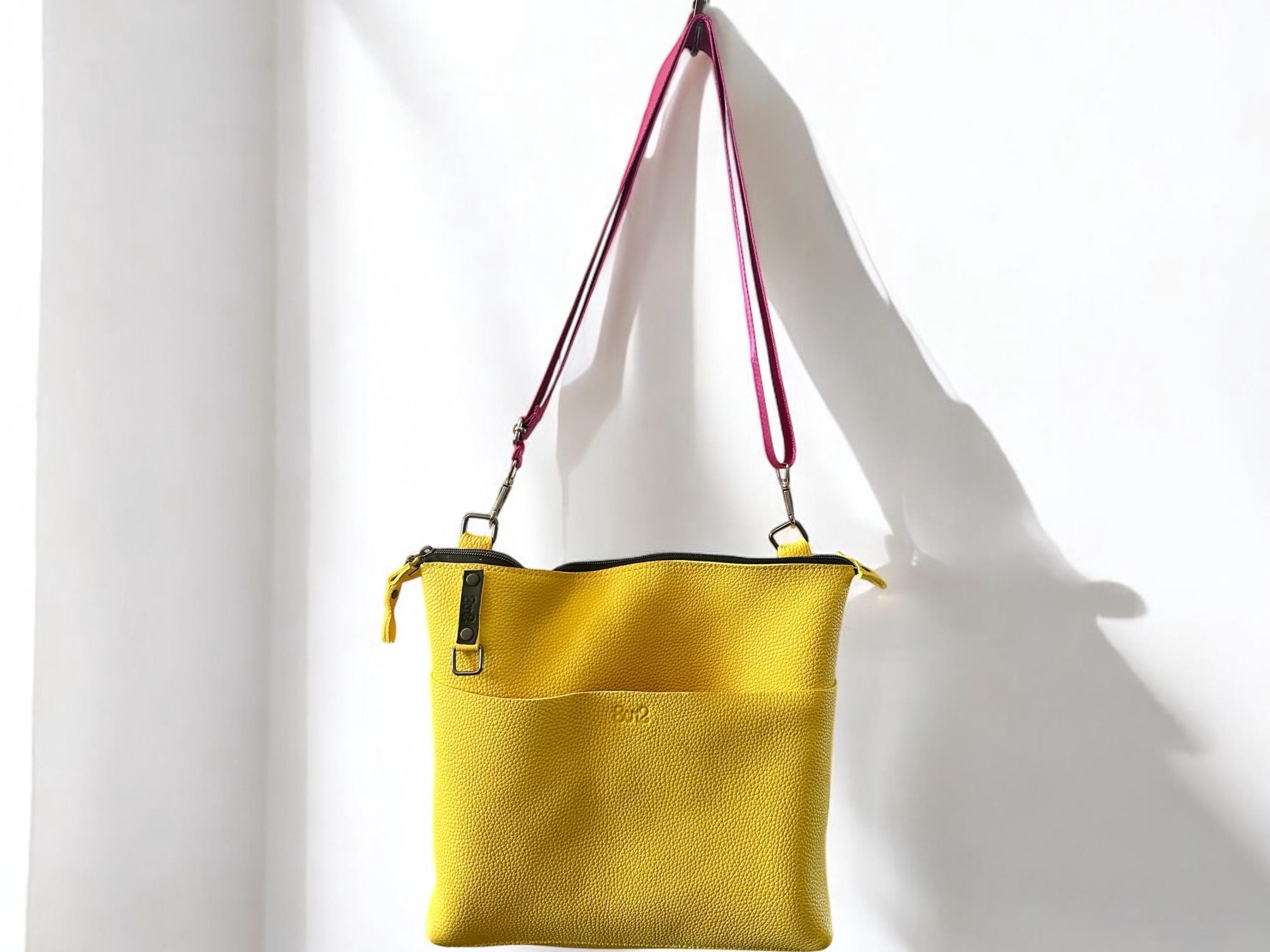 Handcrafted Full Grain Leather Crossbody Bag - Sunshine Yellow Pebbled Purse