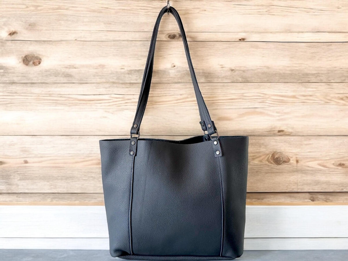 Full Grain Authentic Real Leather Pebbled Navy Blue Leather Bazzar Tote Bags