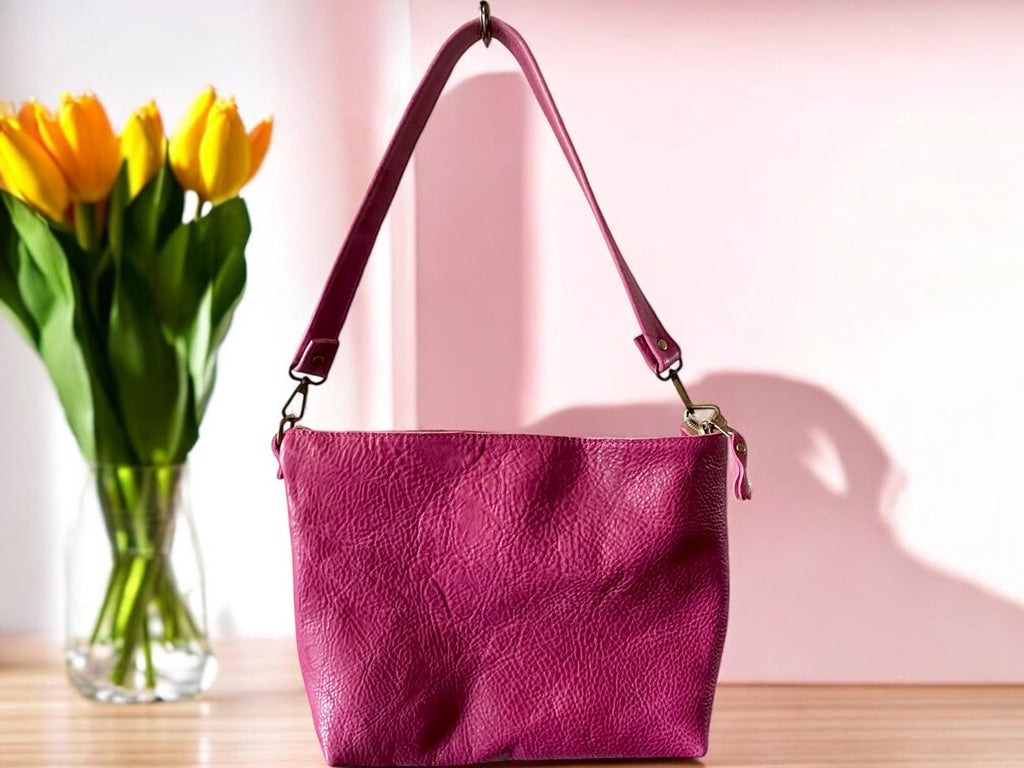 Full Grain Leather Zipper Pink Dog Penny Shoulder Bag Purse or Crossbody Bag