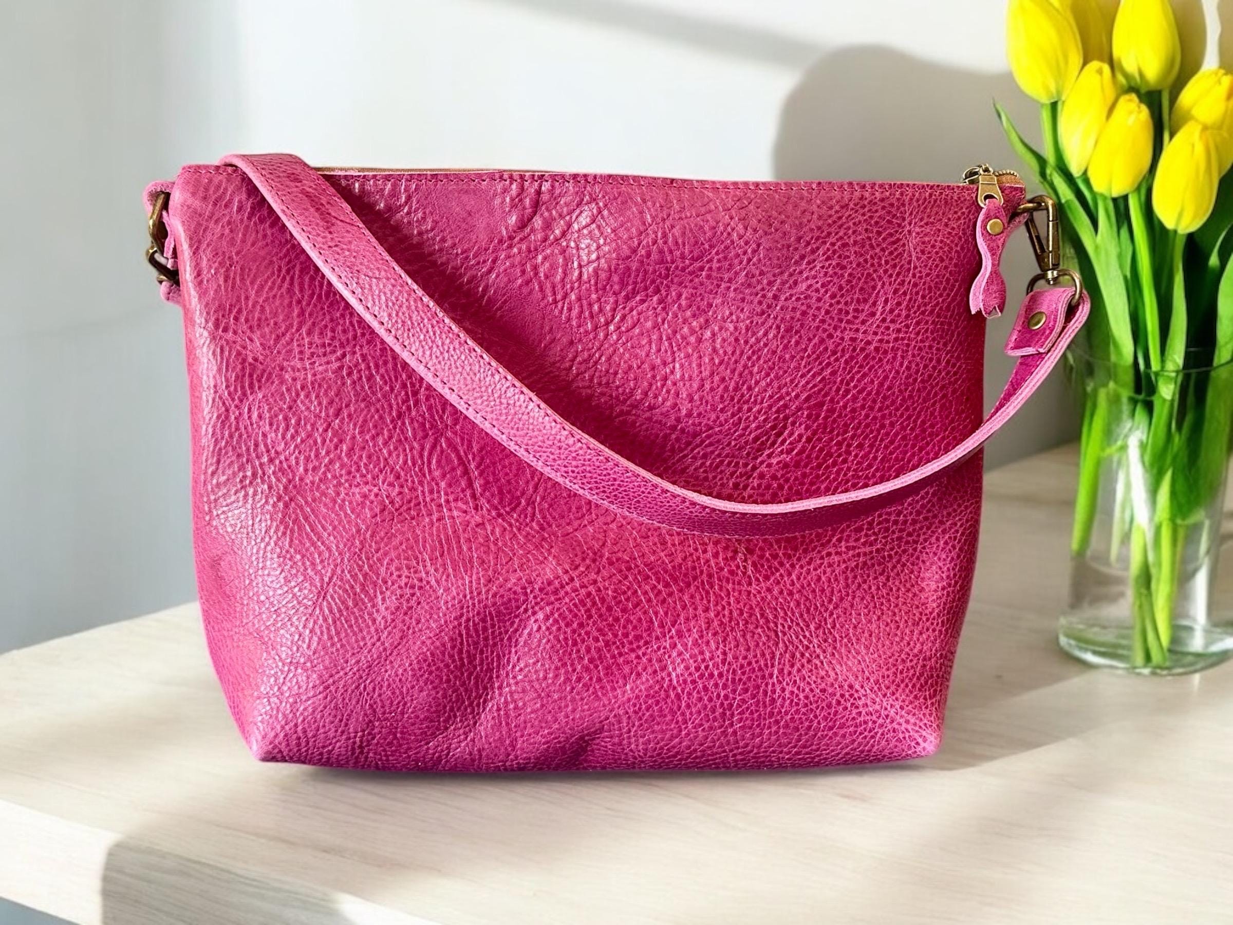 Full Grain Leather Zipper Pink Dog Penny Shoulder Bag Purse or Crossbody Bag