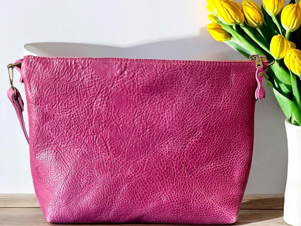 Full Grain Leather Zipper Pink Dog Penny Shoulder Bag Purse or Crossbody Bag