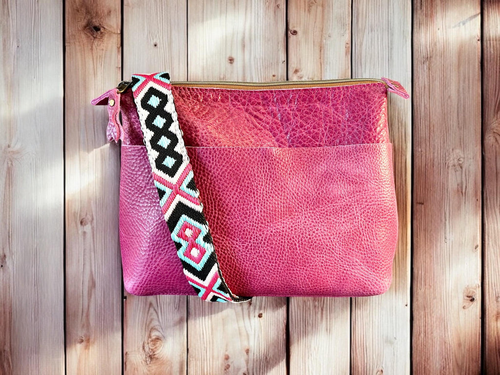 Handcrafted Full Grain Leather Zipper Crossbody Bag - Pink Dog Mini Stevie Purse