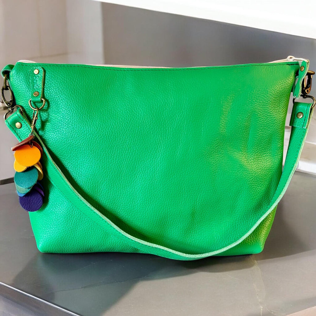 Full Grain Leather Zipper Pebbled Green Penny Shoulder Bag Purse or Crossbody Bag