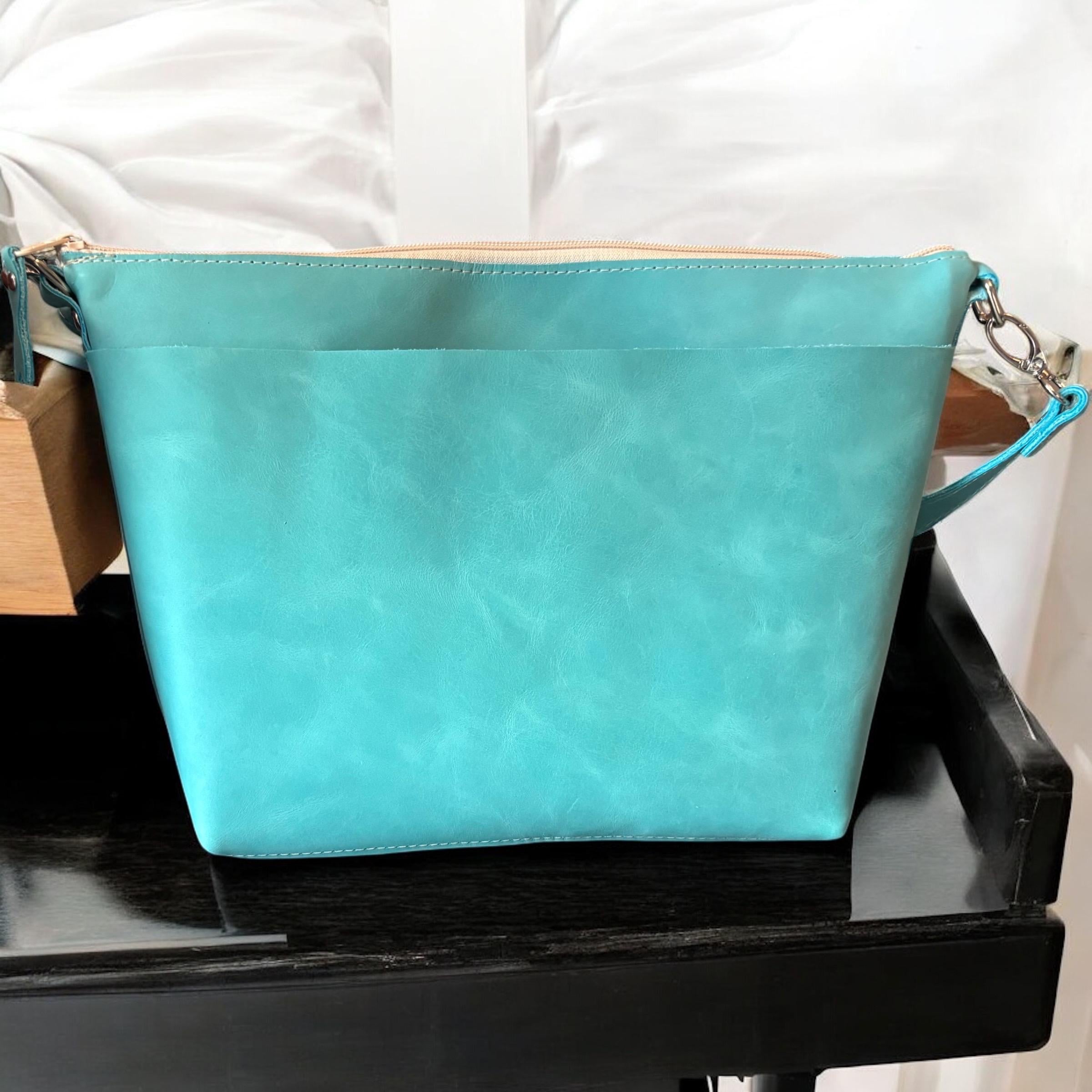 Full Grain Leather Zipper Aqua Penny Shoulder Bag Purse or Crossbody Bag