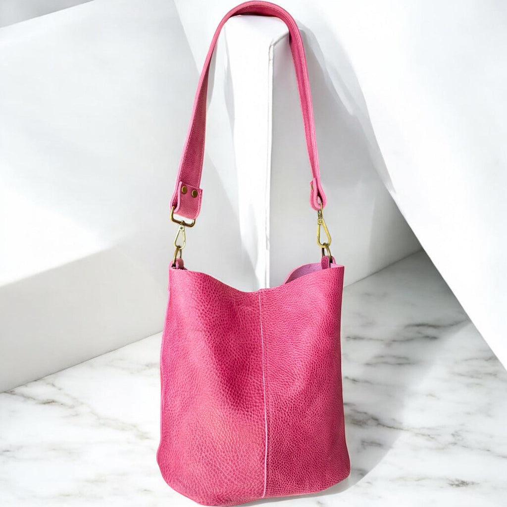 Full Grain Real Leather Pink Dog Bucket Crossbody or Shoulder Bag Purse