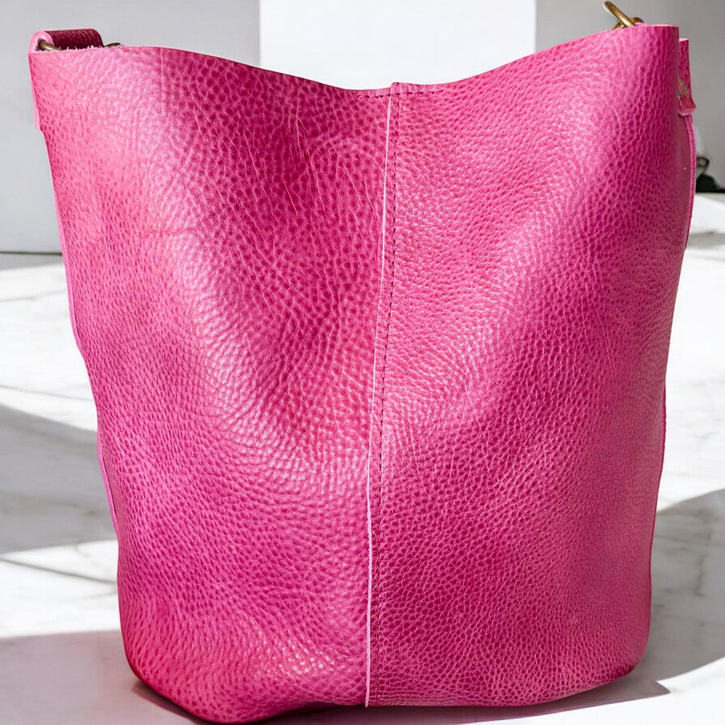 Full Grain Real Leather Pink Dog Bucket Crossbody or Shoulder Bag Purse