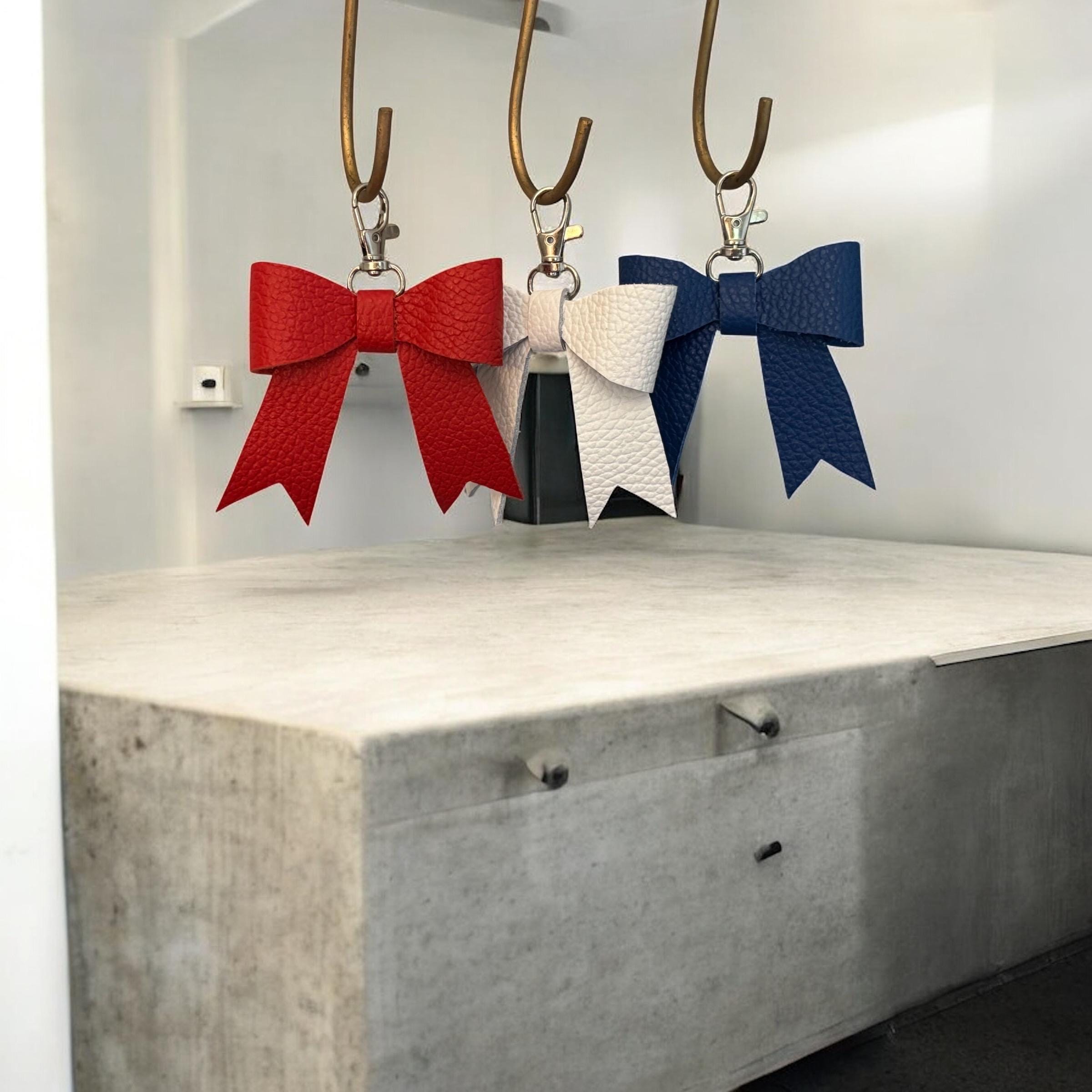 Full Grain Leather Bow Charm – Red, White & Blue Bag Embellishment