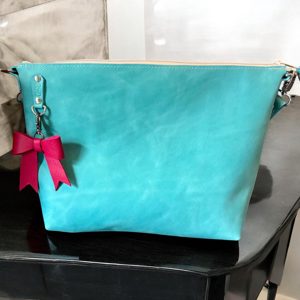 Full Grain Leather Zipper Aqua Penny Shoulder Bag Purse or Crossbody Bag