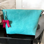 Full Grain Leather Zipper Aqua Penny Shoulder Bag Purse or Crossbody Bag