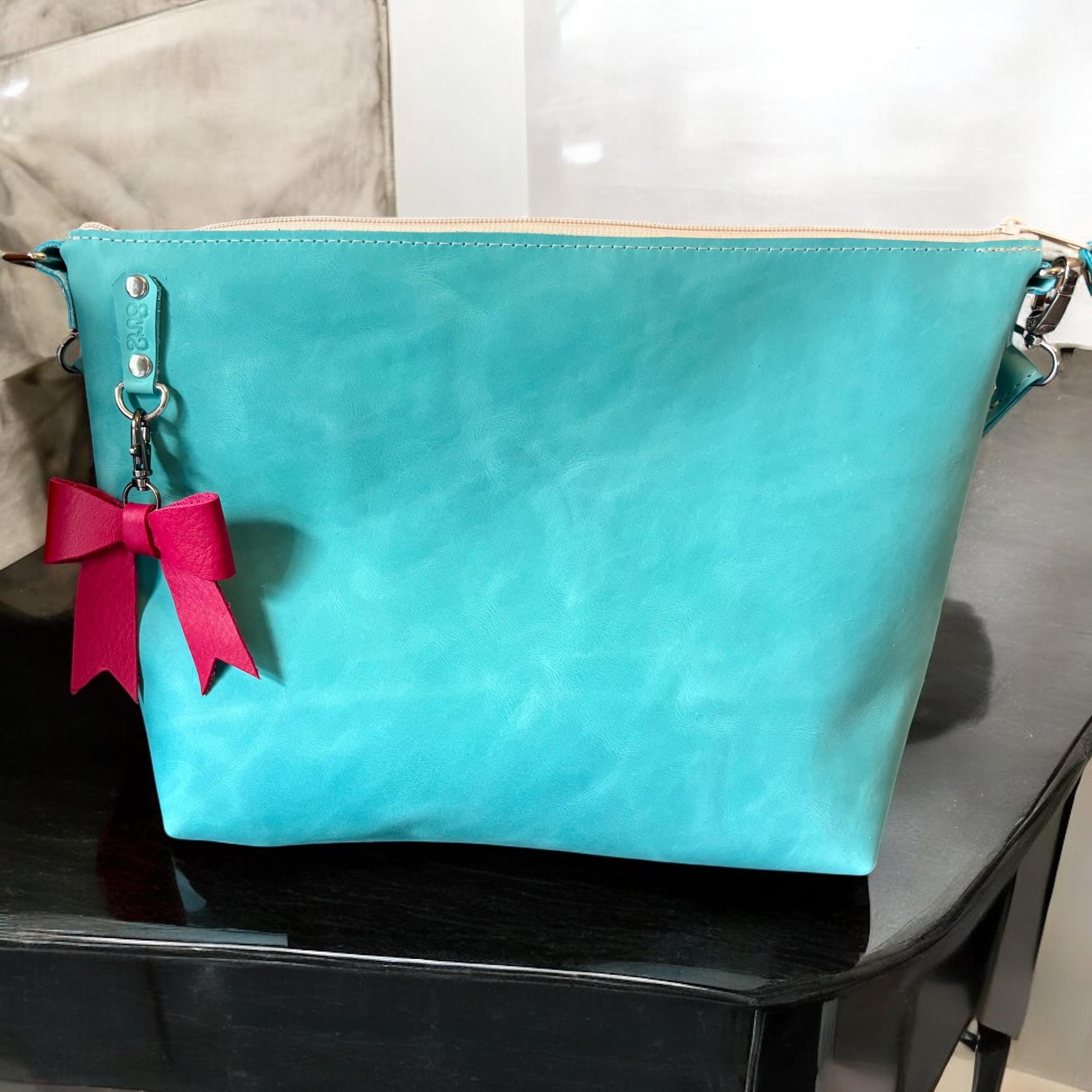 Full Grain Leather Zipper Aqua Penny Shoulder Bag Purse or Crossbody Bag