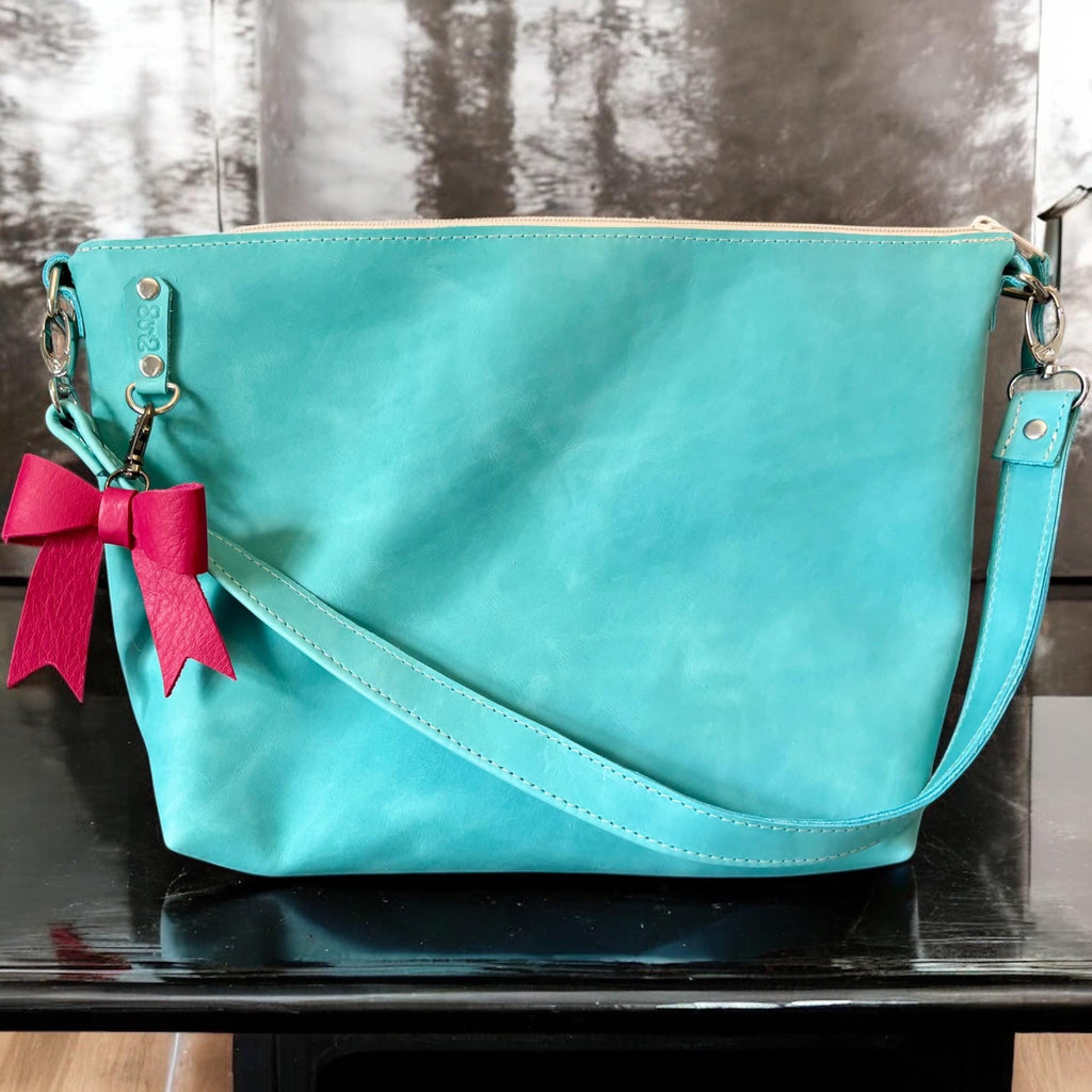 Full Grain Leather Zipper Aqua Penny Shoulder Bag Purse or Crossbody Bag