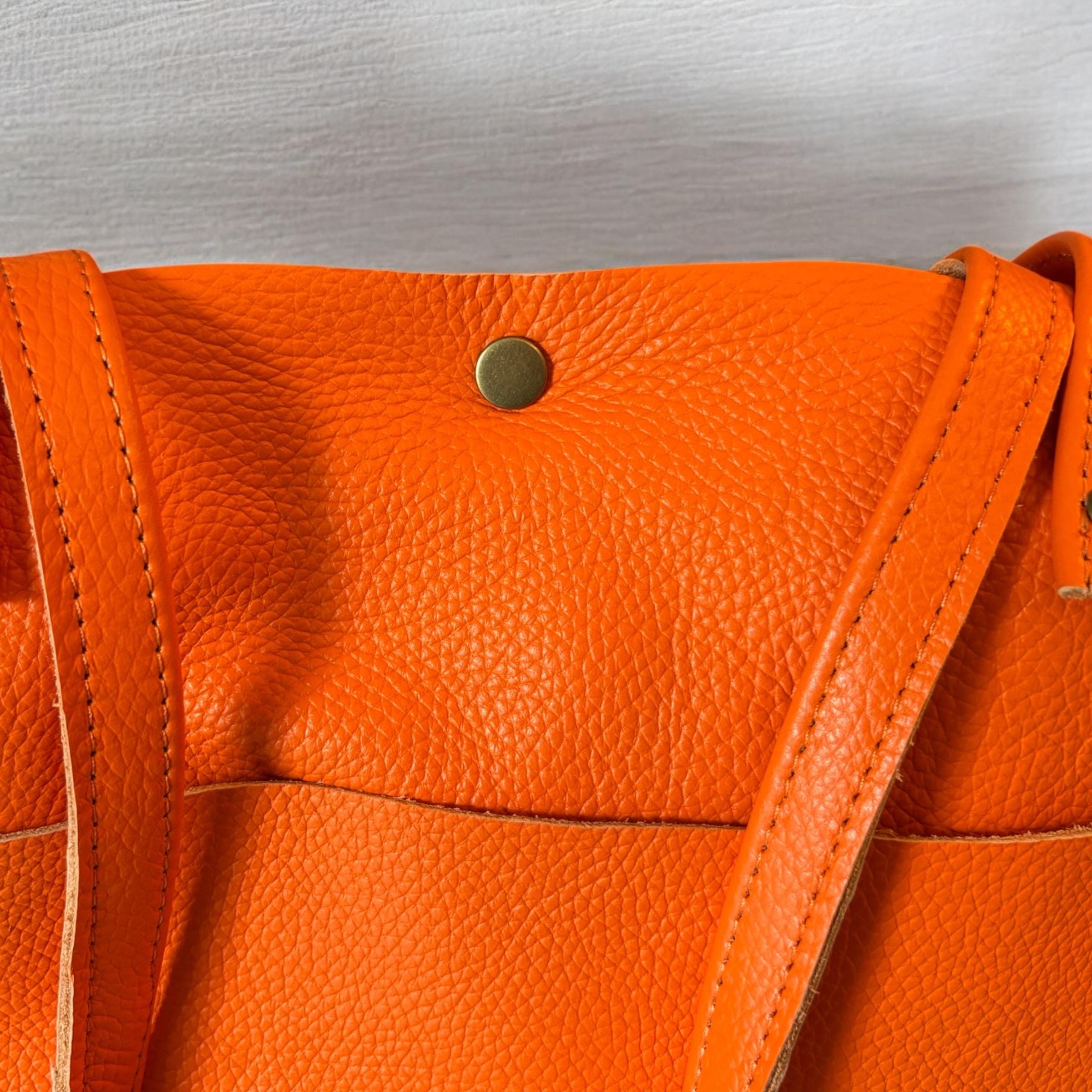 Full Grain Real Leather Authentic Pebbled Orange Leather Classic Tote Bags-Small-Medium-Large-Extra Large