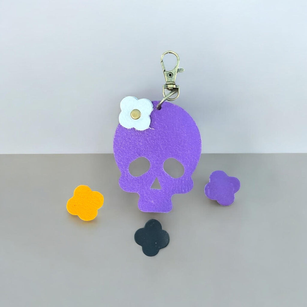 Full Grain Authentic Leather Black, White, Orange, Purple Skull Bag Charm