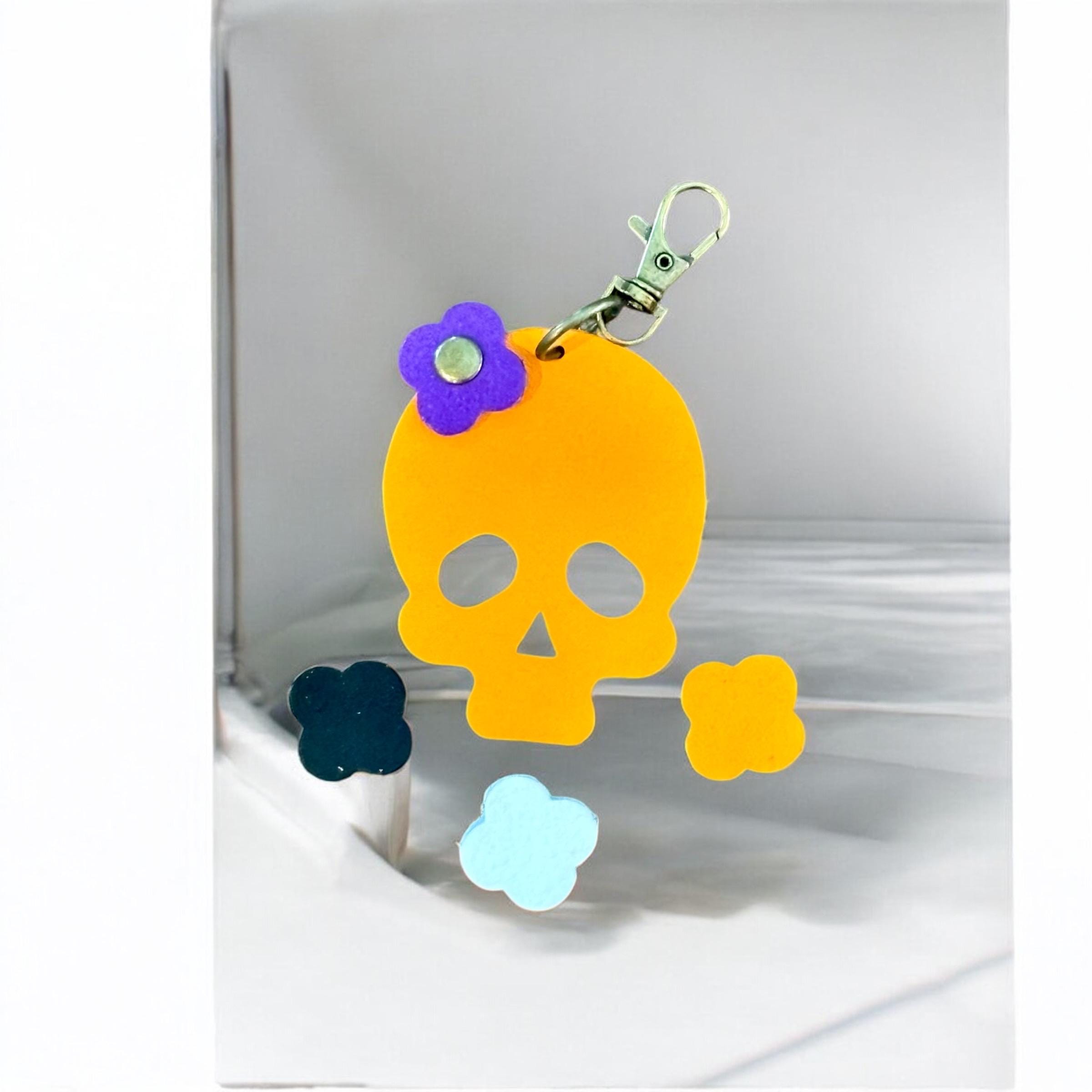 Full Grain Authentic Leather Black, White, Orange, Purple Skull Bag Charm