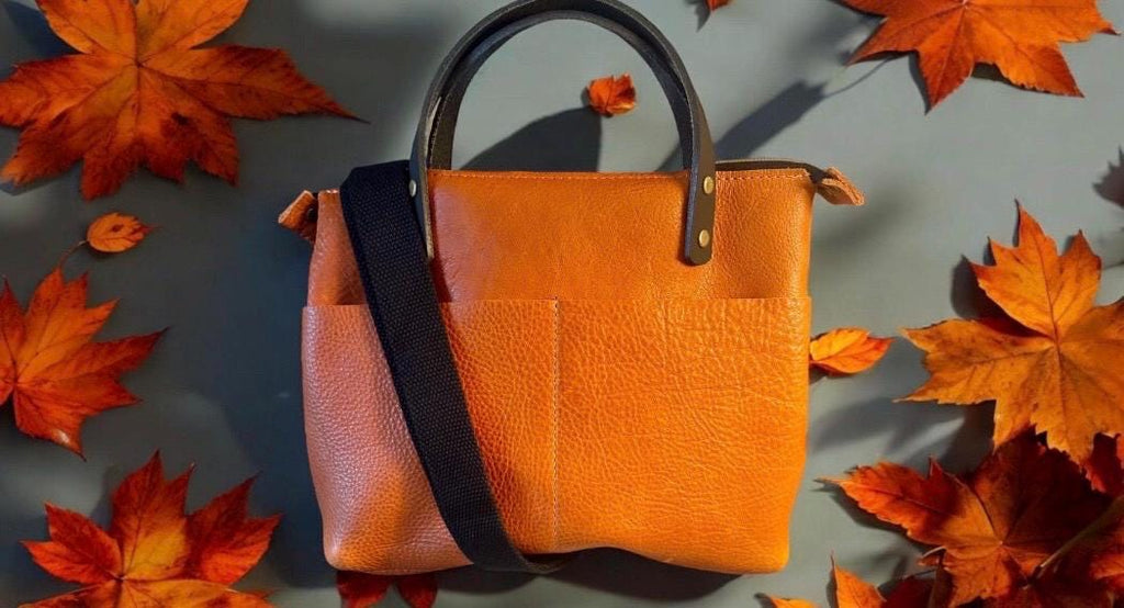 Full Grain Real Leather Zipper Autumn Orange Dog RokStar Crossbody or Shoulder Bag Purse