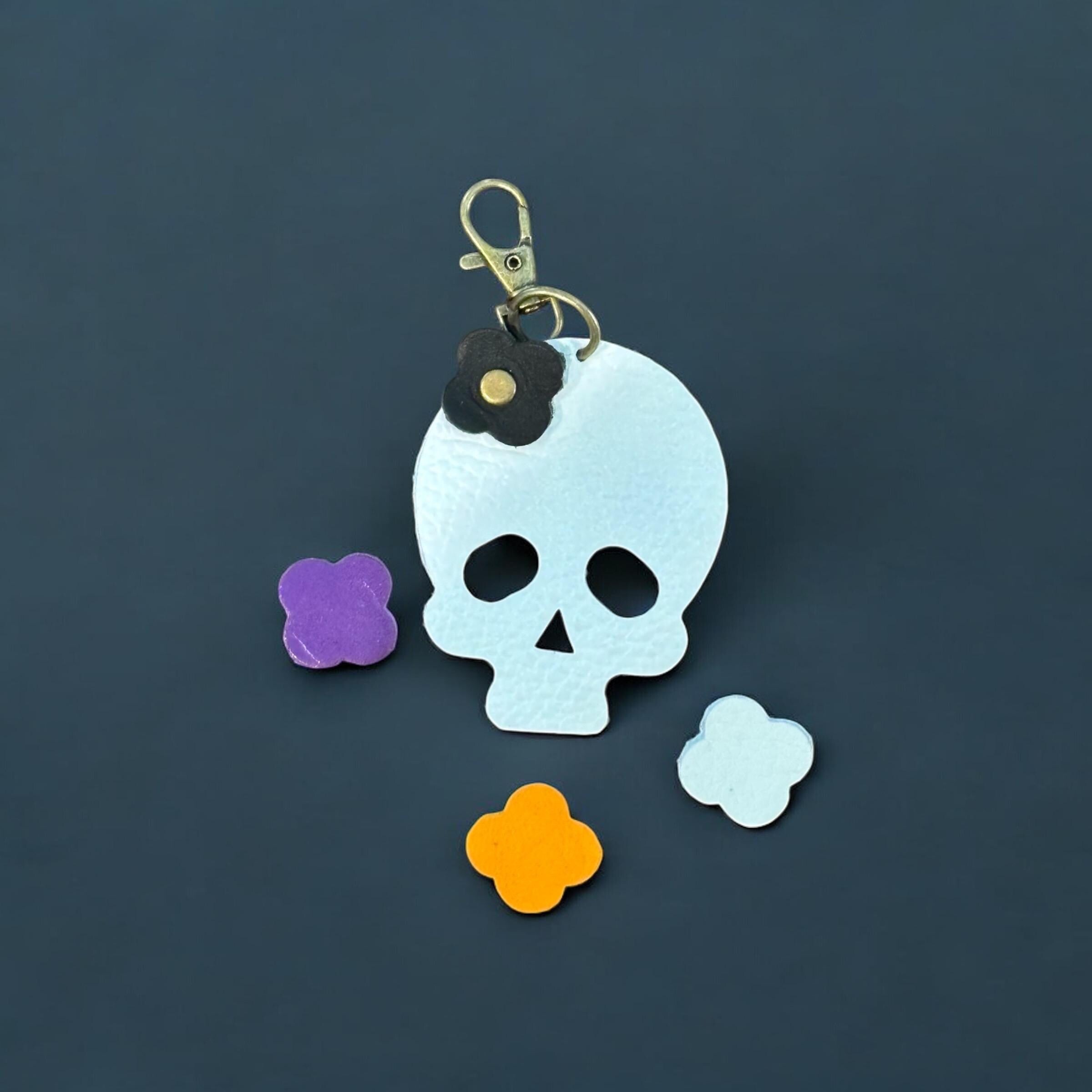 Full Grain Authentic Leather Black, White, Orange, Purple Skull Bag Charm
