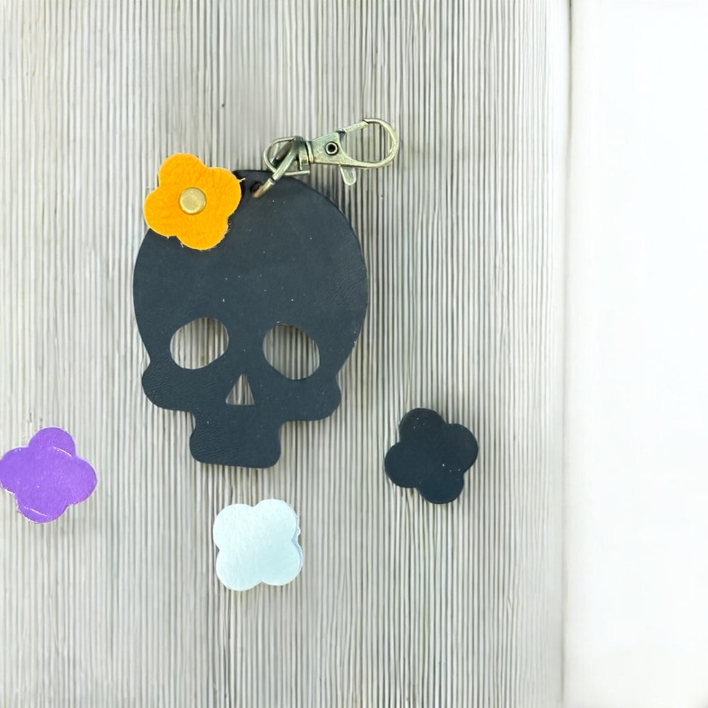 Full Grain Authentic Leather Black, White, Orange, Purple Skull Bag Charm