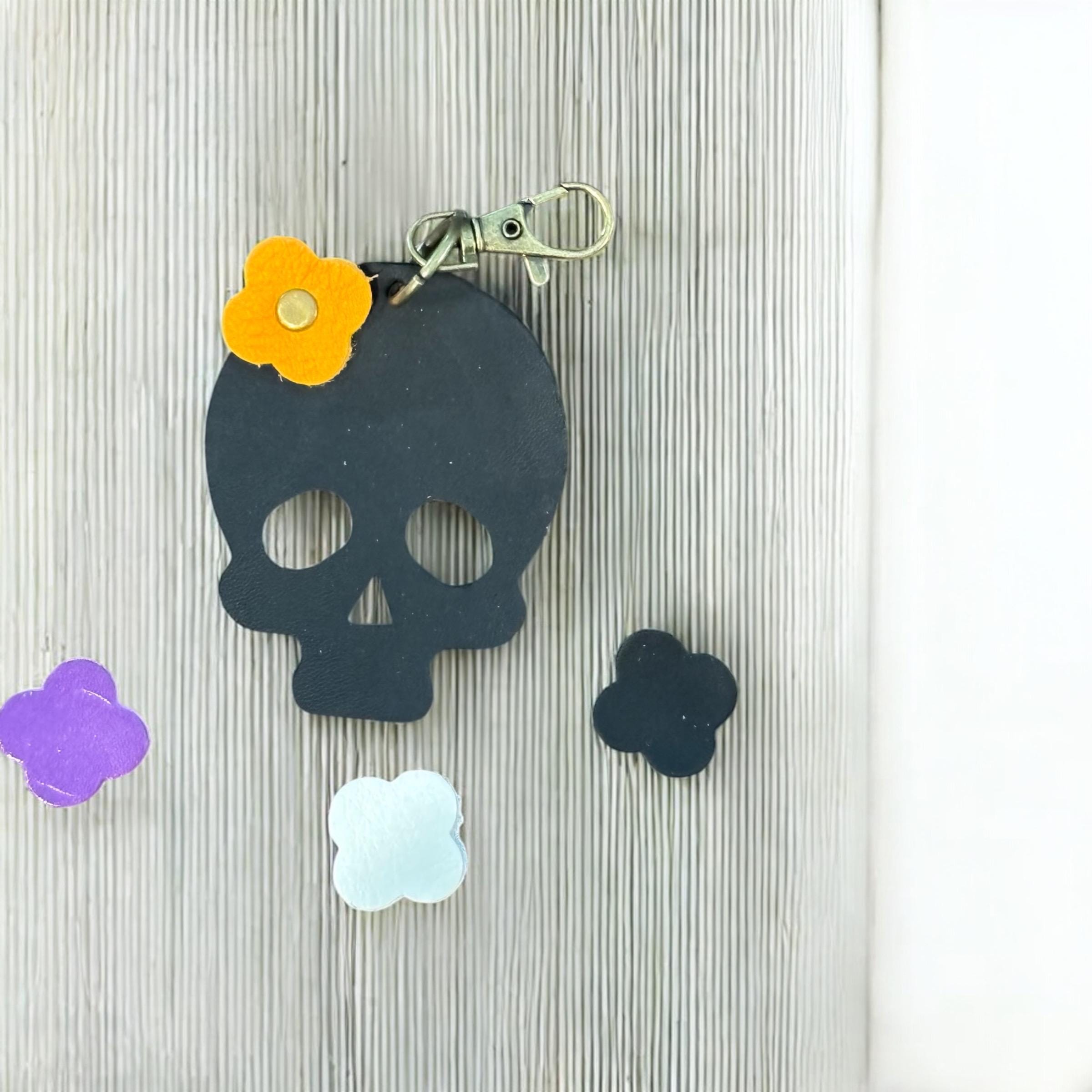 Full Grain Authentic Leather Black, White, Orange, Purple Skull Bag Charm