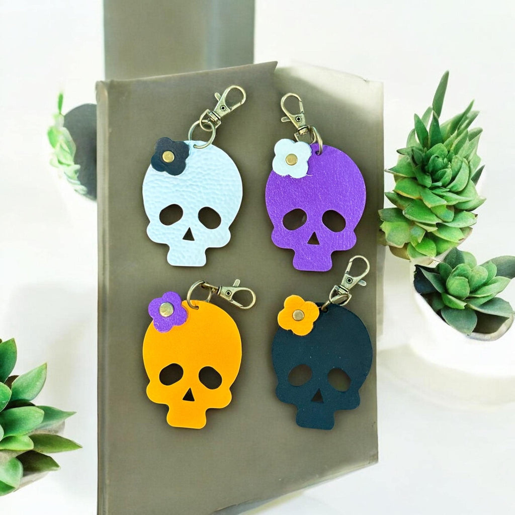 Full Grain Authentic Leather Black, White, Orange, Purple Skull Bag Charm