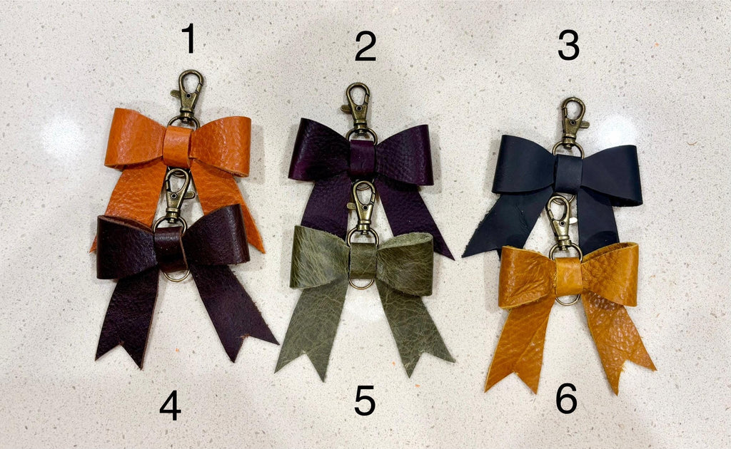Handcrafted Full Grain Leather Bow - Bag Charm, Fall Colors