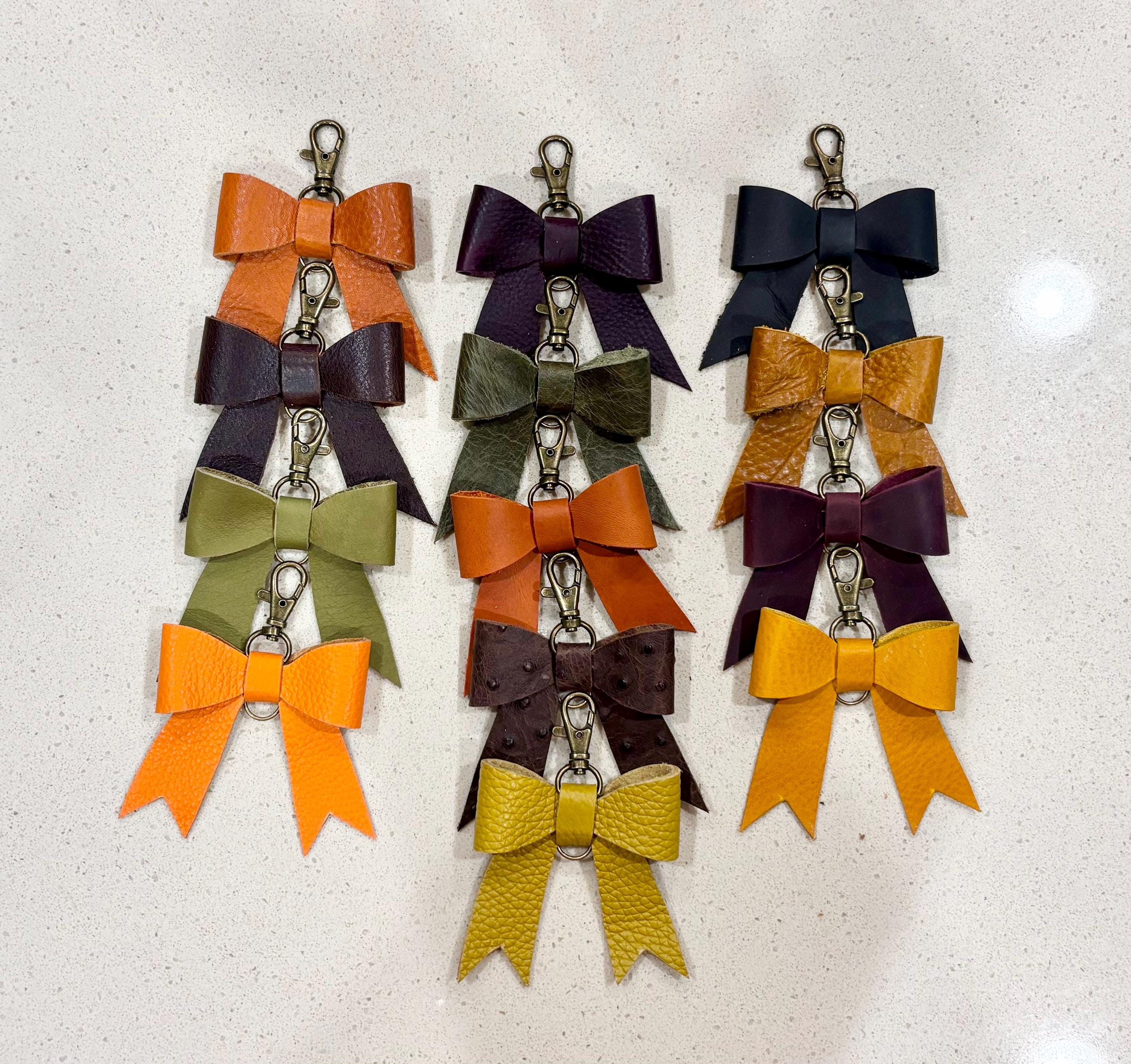 Handcrafted Full Grain Leather Bow - Bag Charm, Fall Colors