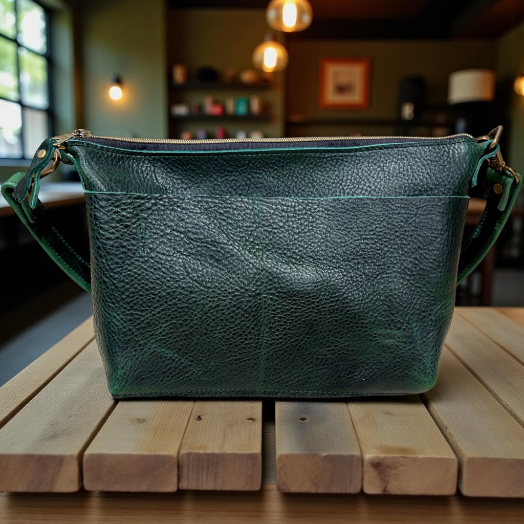 Full Grain Leather Zipper Forest Green Dog Penny Shoulder Bag Purse or Crossbody Bag