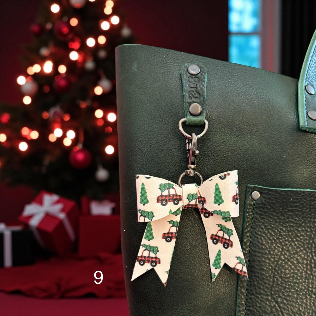 Real Leather Holiday Leather Bow -Tote Bag, Tassel, Reindeer, Candy Cane, Christmas Tree, Santa, Gingerbread Man, Christmas
