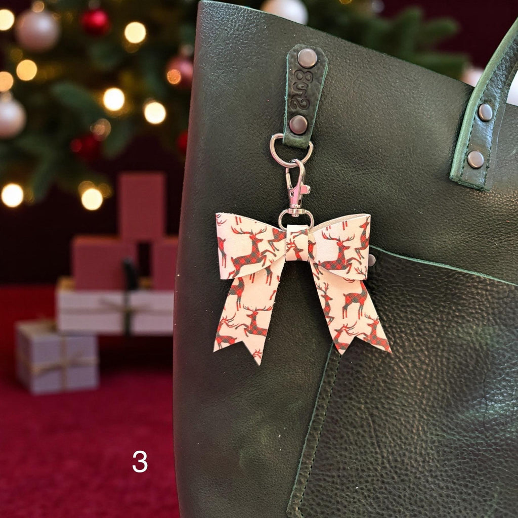 Real Leather Holiday Leather Bow -Tote Bag, Tassel, Reindeer, Candy Cane, Christmas Tree, Santa, Gingerbread Man, Christmas