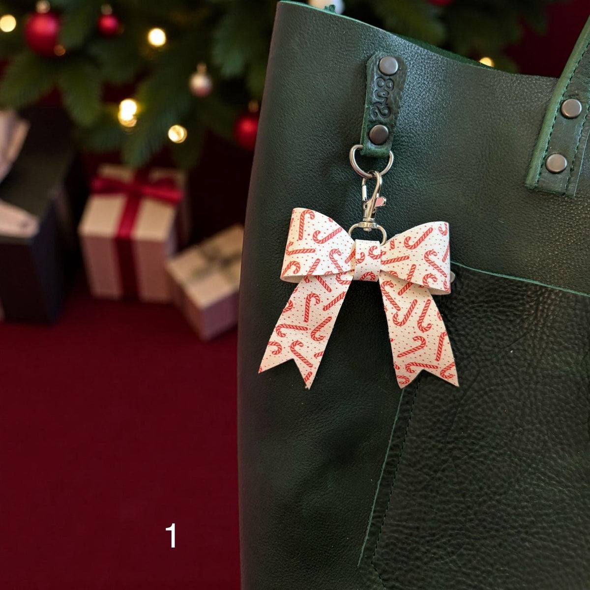 Real Leather Holiday Leather Bow -Tote Bag, Tassel, Reindeer, Candy Cane, Christmas Tree, Santa, Gingerbread Man, Christmas