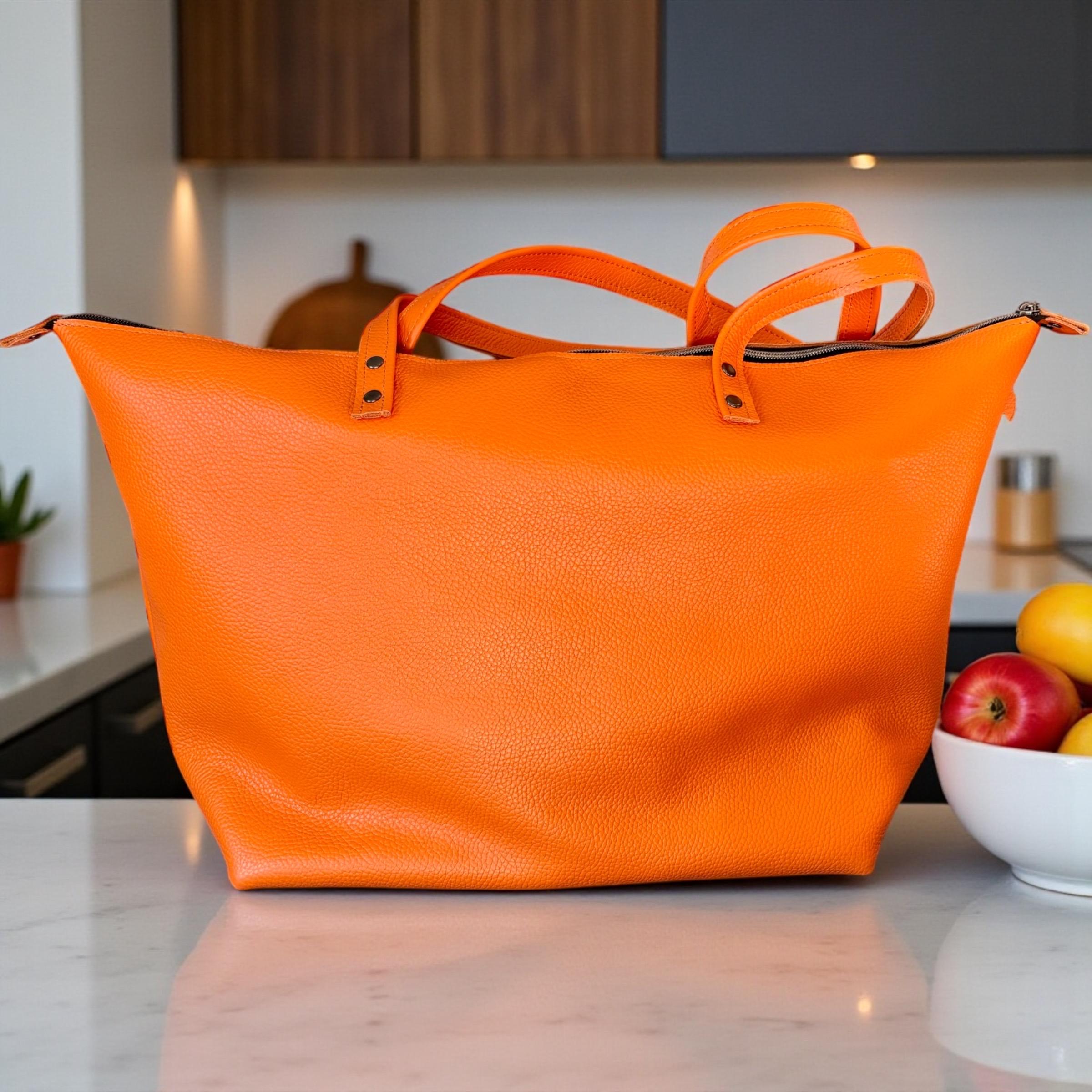 Full Grain Real Leather Authentic Zipper Pebbled Orange Leather Tote Bags-Small-Medium-Large-Extra Large