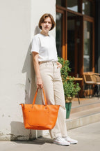 Full Grain Real Leather Authentic Zipper Pebbled Orange Leather Tote Bags-Small-Medium-Large-Extra Large