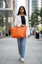 Full Grain Real Leather Authentic Zipper Pebbled Orange Leather Tote Bags-Small-Medium-Large-Extra Large