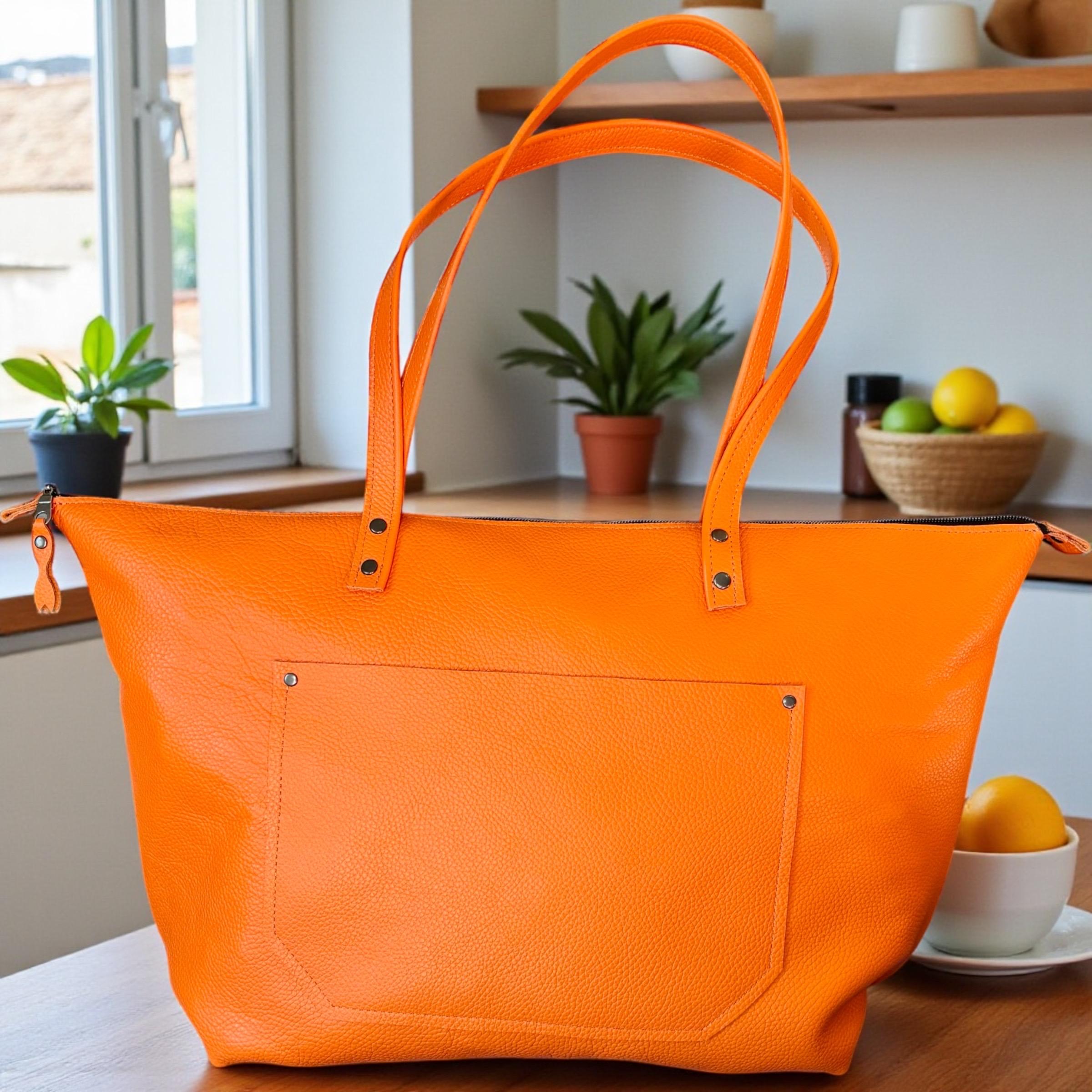 Full Grain Real Leather Authentic Zipper Pebbled Orange Leather Tote Bags-Small-Medium-Large-Extra Large