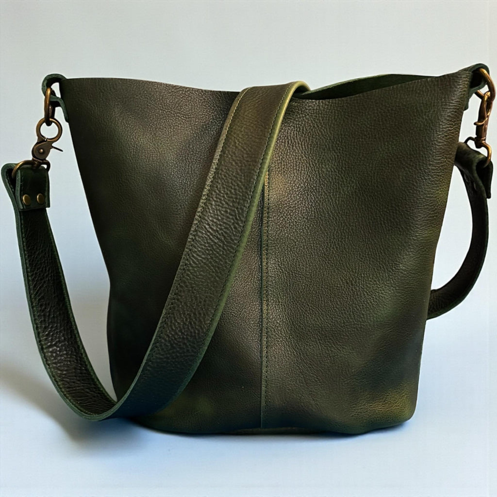 Full Grain Real Leather Forest Green Dog Bucket Crossbody or Shoulder Bag Purse