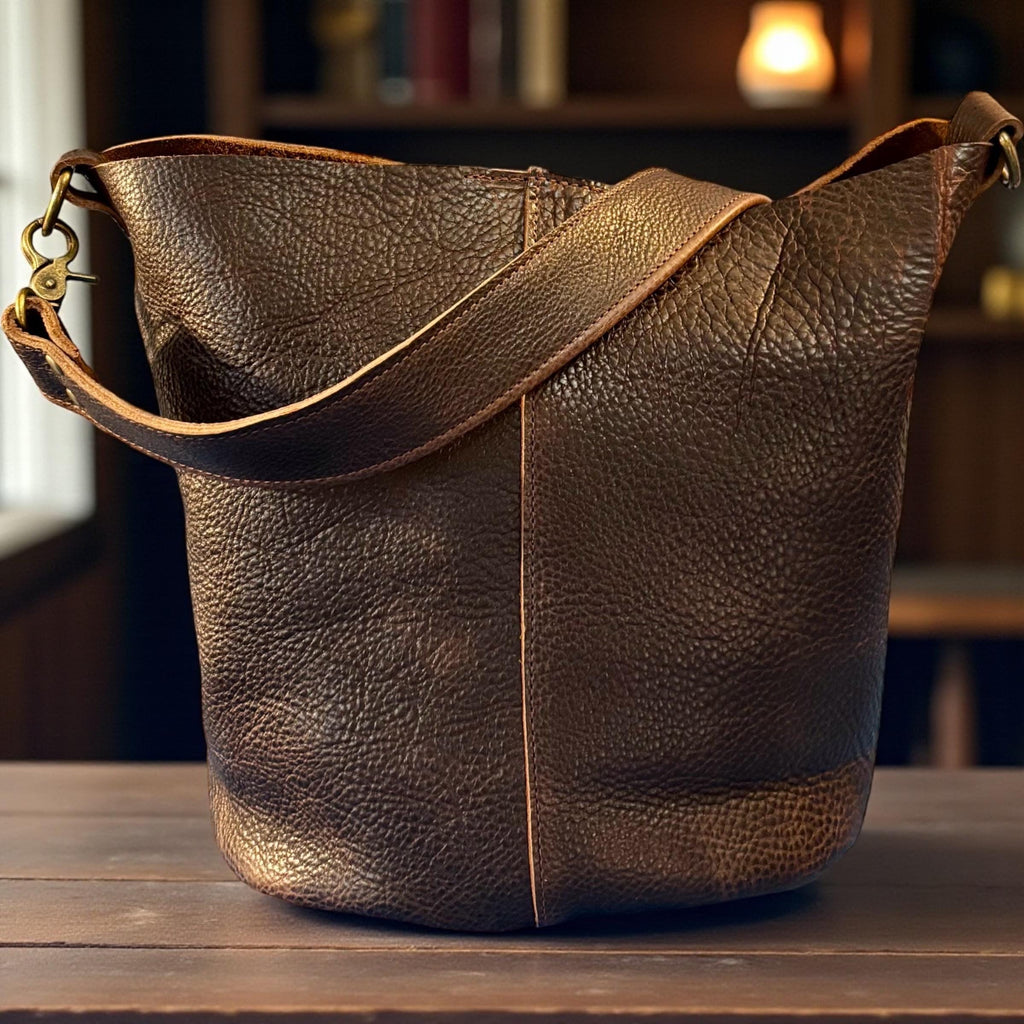 Full Grain Real Leather Brown Dog Bucket Crossbody or Shoulder Bag Purse