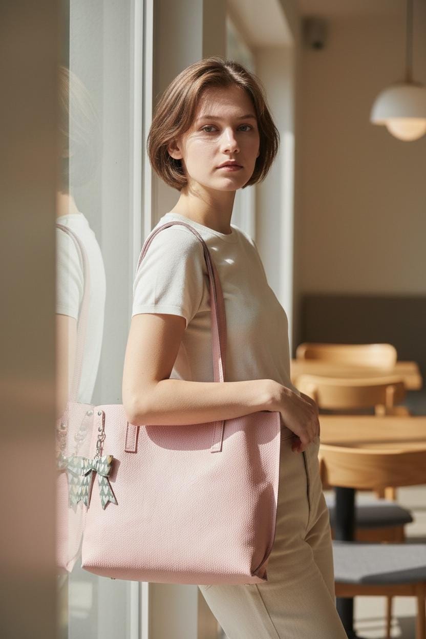 Full Grain Authentic Real Leather Pebbled Pasa Pink Little Kev Inside Out Tote