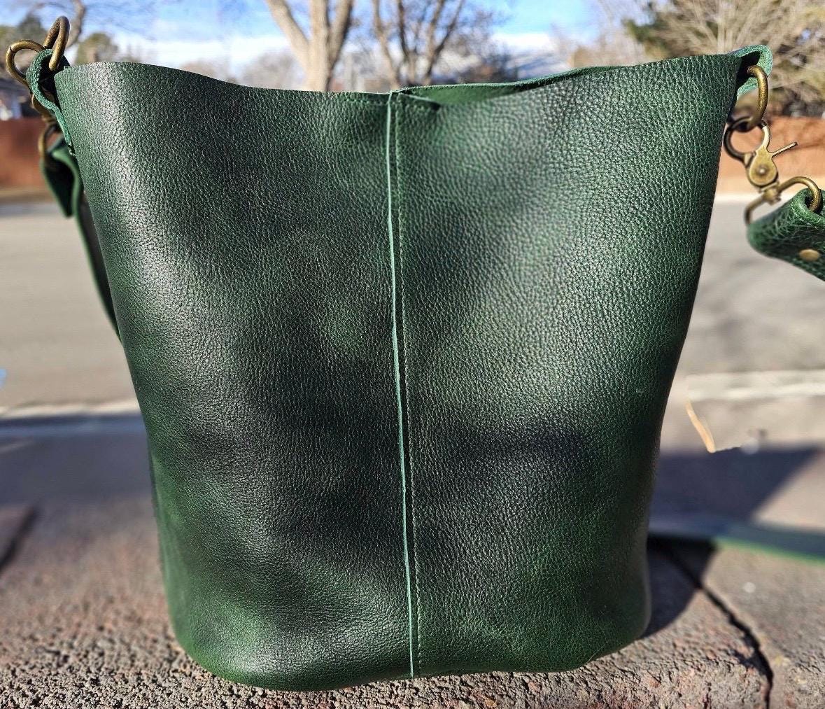 Full Grain Real Leather Forest Green Dog Bucket Crossbody or Shoulder Bag Purse