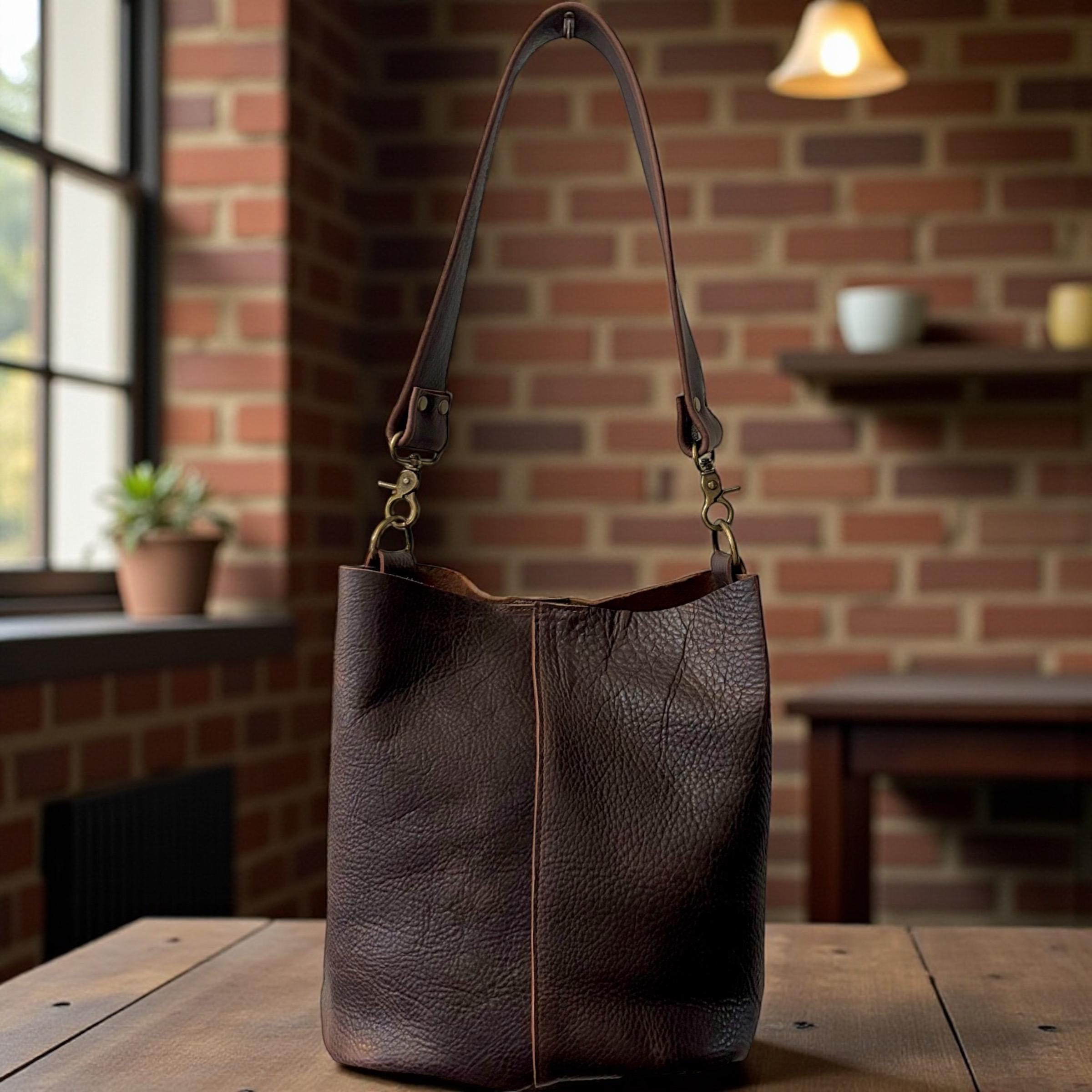 Full Grain Real Leather Brown Dog Bucket Crossbody or Shoulder Bag Purse
