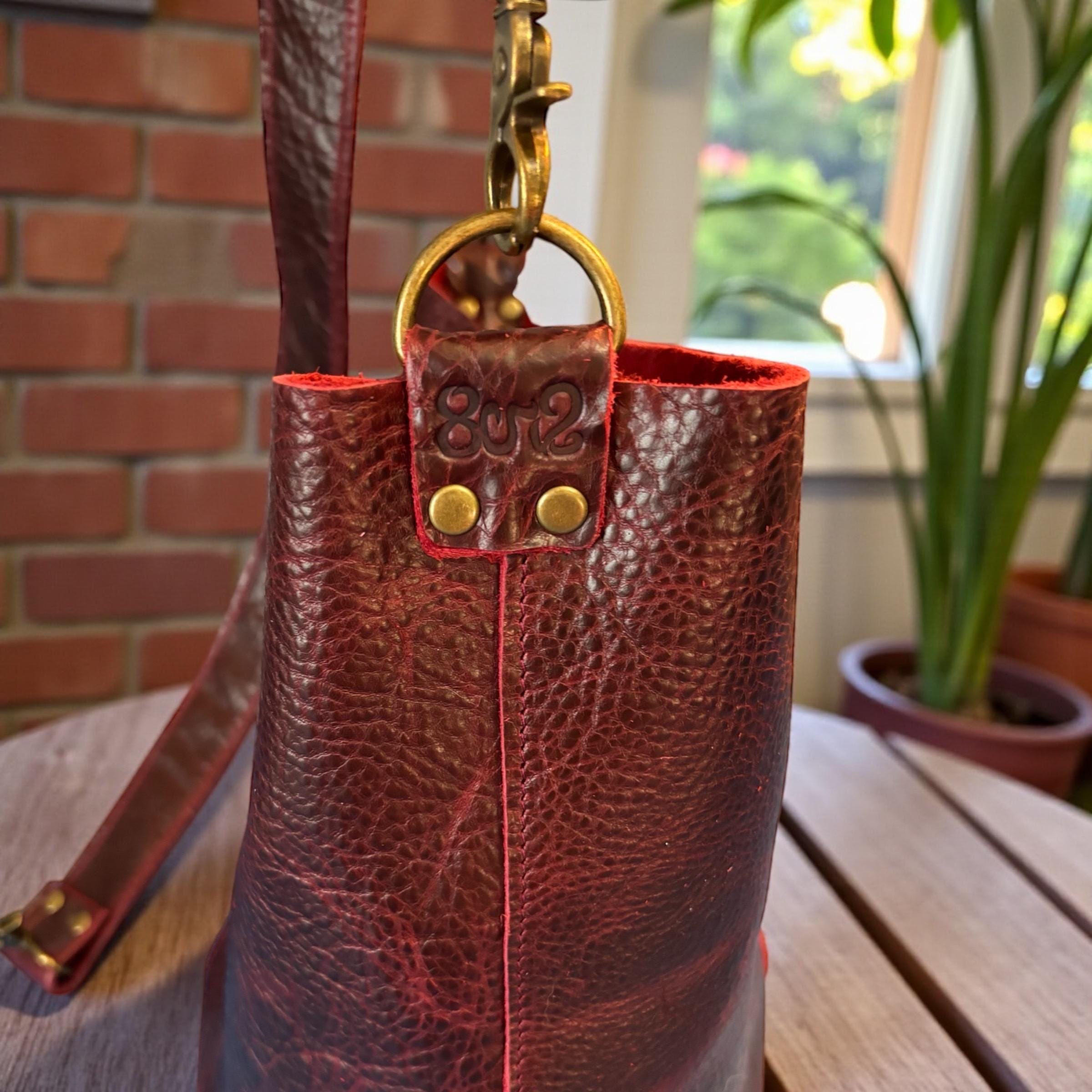 Full Grain Real Leather Black Cherry Dog Bucket Crossbody or Shoulder Bag Purse