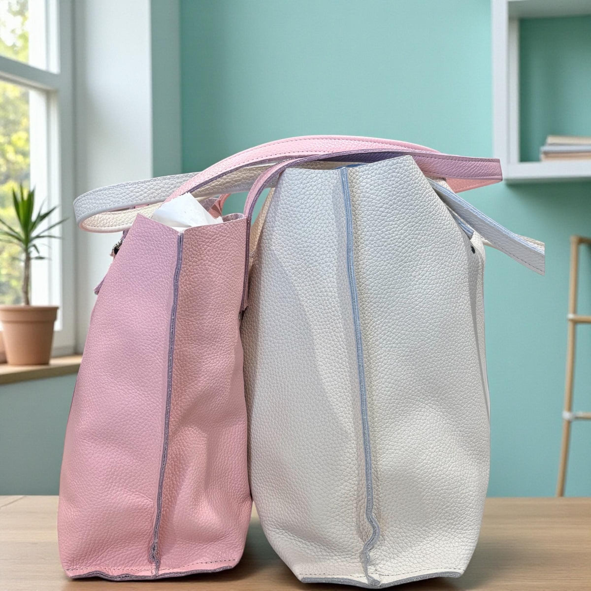 Full Grain Authentic Real Leather Pebbled Pasa Pink Little Kev Inside Out Tote