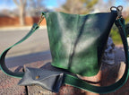 Full Grain Real Leather Forest Green Dog Bucket Crossbody or Shoulder Bag Purse