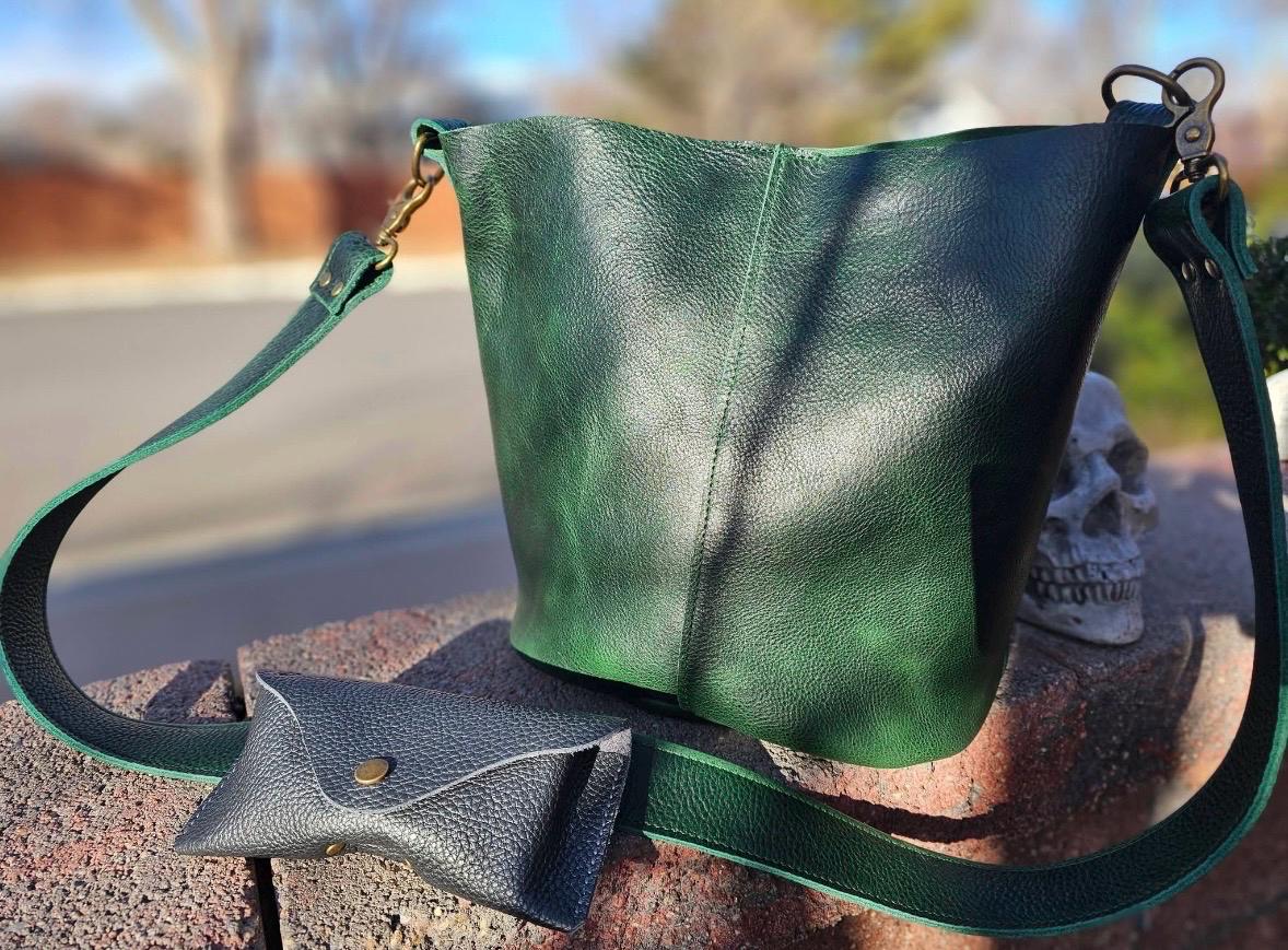 Full Grain Real Leather Forest Green Dog Bucket Crossbody or Shoulder Bag Purse