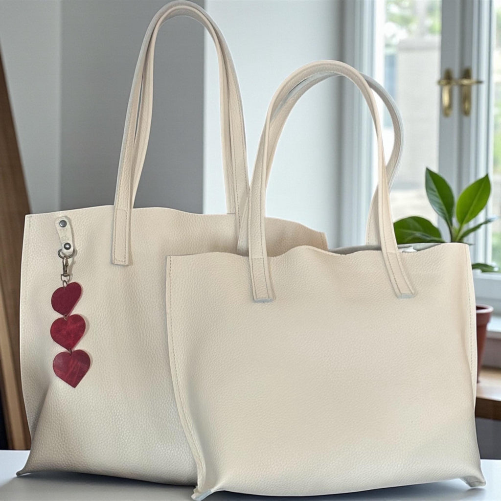 Full Grain Authentic Real Leather Pebbled Chalk White Little Kev Inside Out Tote