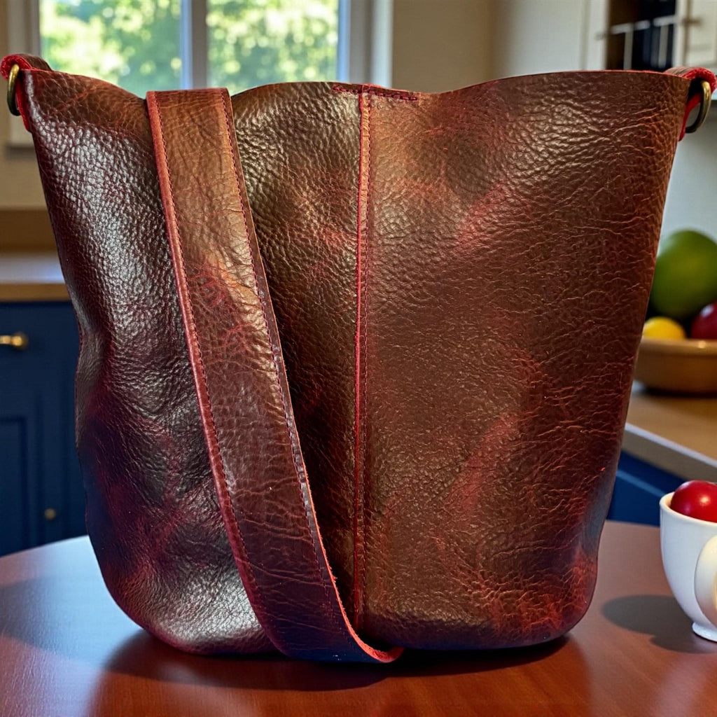 Full Grain Real Leather Black Cherry Dog Bucket Crossbody or Shoulder Bag Purse