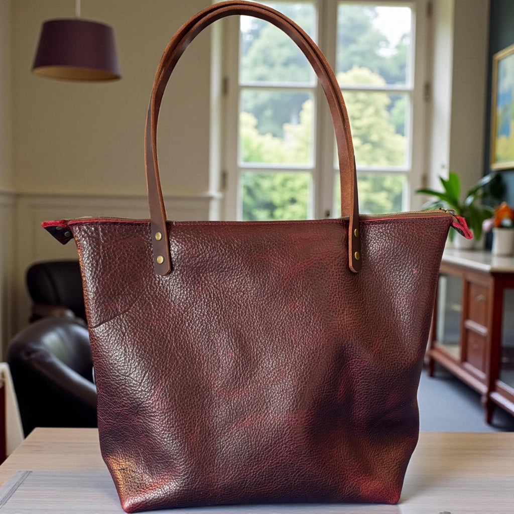 Full Grain Real Leather Zipper Black Cherry Dog Leather Tote Bags-Small-Medium-Large-Extra Large