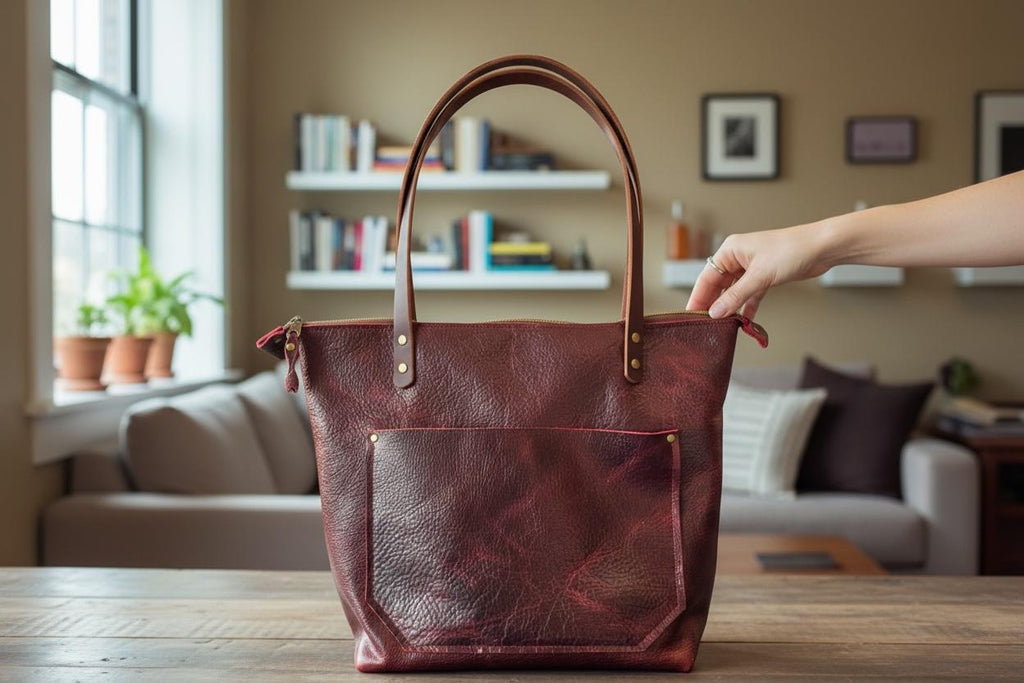 Full Grain Real Leather Zipper Black Cherry Dog Leather Tote Bags-Small-Medium-Large-Extra Large