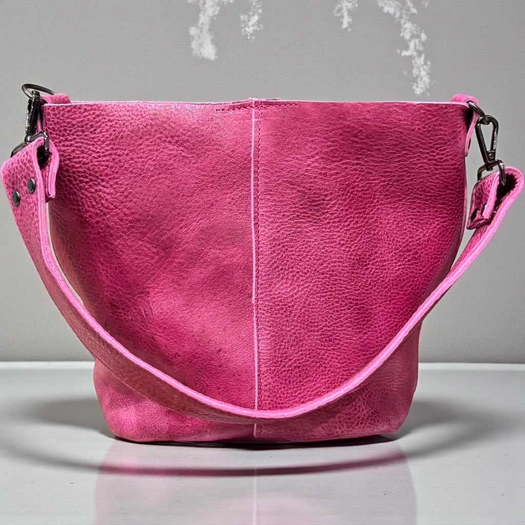 Full Grain Real Leather Pink Dog Mini Bucket Crossbody or Shoulder Bag Purse