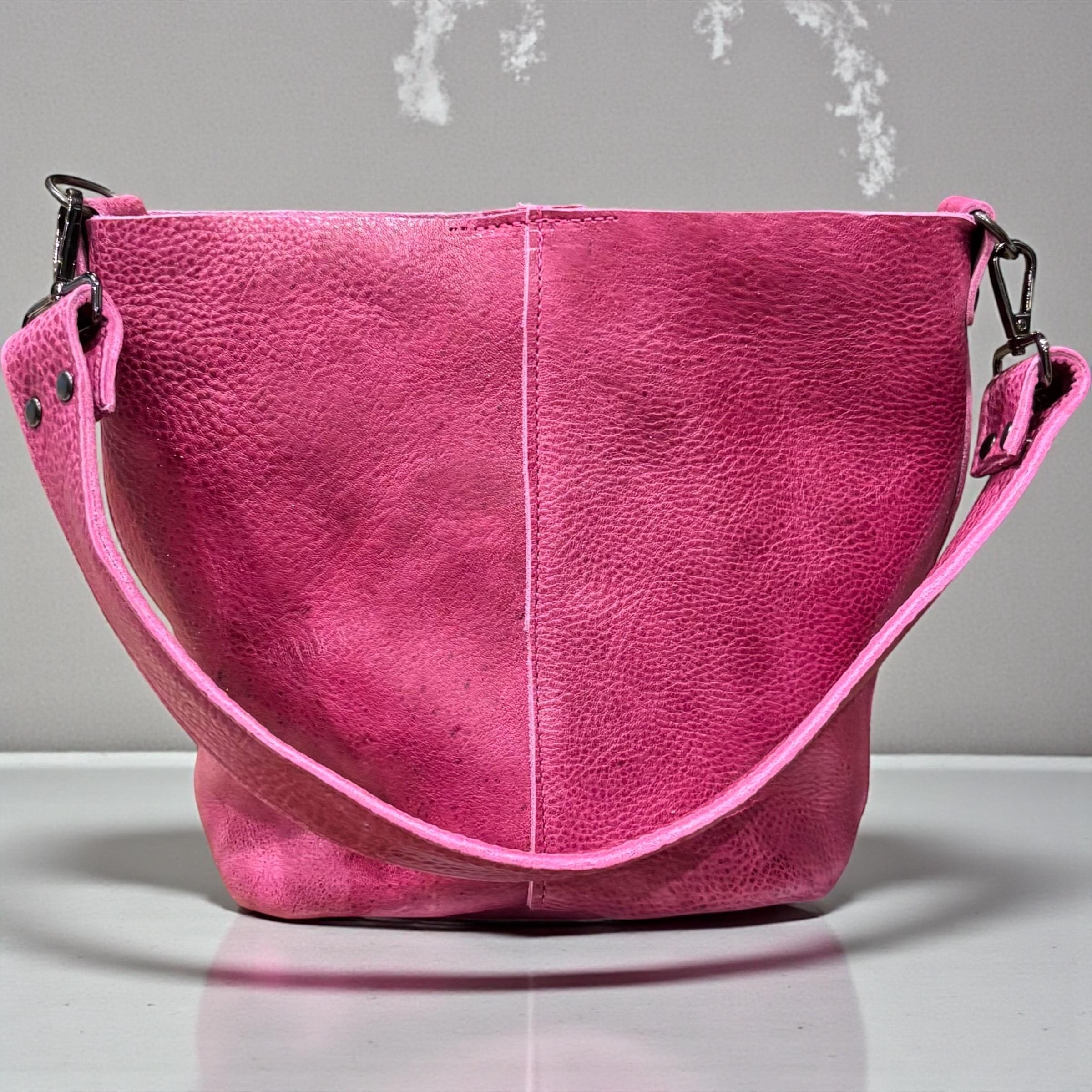 Full Grain Real Leather Pink Dog Mini Bucket Crossbody or Shoulder Bag Purse
