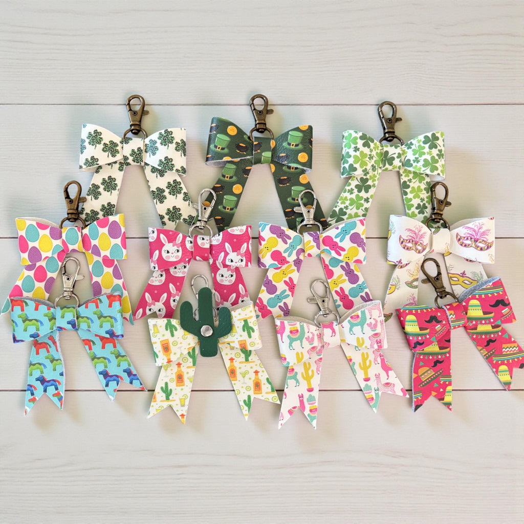 Leather Holiday Bow Bag Charm, St. Patrick’s Day, Easter, Mardi Gras, Cinco de Mayo
